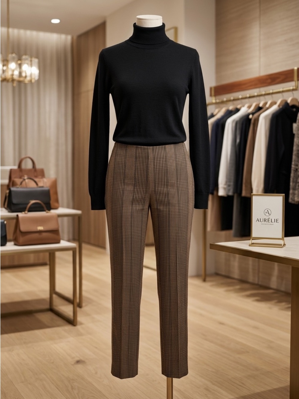 Brown Plaid Tailored Pants